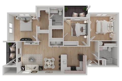 Floor plan for 3 beds, 2 baths, 1279 sqft
